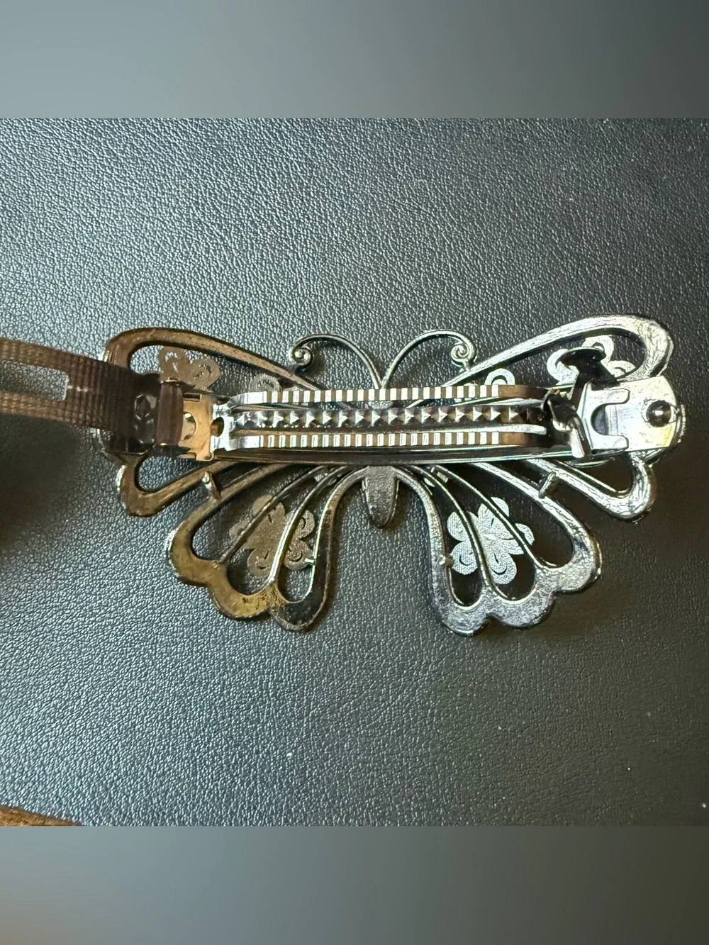 Y2K Silver Pewter Tone Hair Clip Metal Rhinestone Butterfly Floral Clip